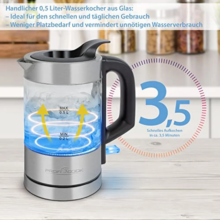 ProfiCook PC-WKS 1228G Glas-Wasserkocher, 1100 Watt, 0,5 Liter, Wasserstandsanzeige, Kalkfilter, silber – Bild 5