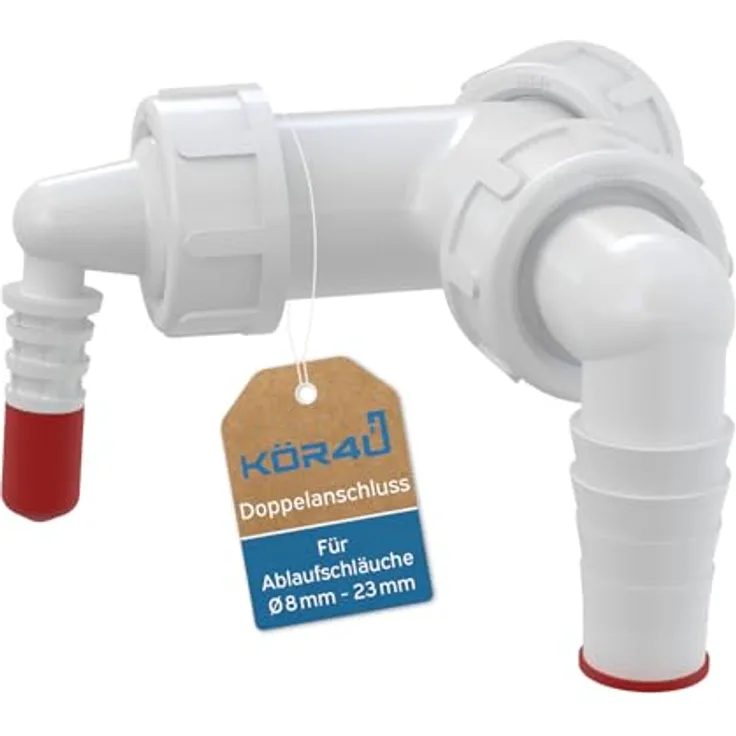 kör4u Doppelanschluss G1 Zoll P149Z, Siphonanschluss für Waschmaschine, Geschirrspüler, Trockner, mit Klappen und zwei Schlauchanschlüssen 8-16 mm und 17-23 mm, robustes Polypropylen