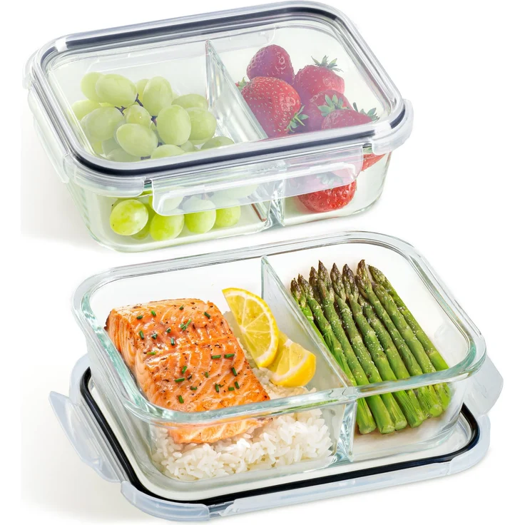 Praknu Lunchbox Frischhaltedosen Set 2 Kammer, Borosilikatglas, BPA-freier Kunststoffdeckel, Silikon, (Set), Ofenfest, Einfrieren, 1000 ml - Bento Box - Tupper – Bild 1