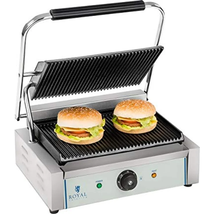 Royal Catering Kontaktgrill RCKG-2200-G, Elektrogrill mit 2200 W Leistung, geriffelte Gusseisenplatten, Edelstahl-Gehäuse – Bild 6