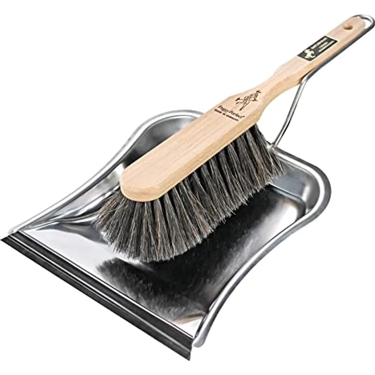 Peggy Perfect Kehrgarnitur, Kehrset mit Buchenholzbesen und Edelstahlschaufel, Premium, Rosshaar-/Naturhaarmischung, Indoor-Haushalt, Nachhaltig, Schwarz