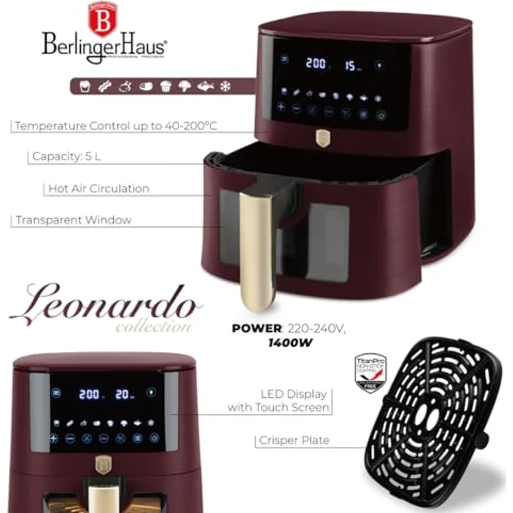 Berlinger Haus Air Fryer Leonardo Collection, Digitale Heißluftfritteuse 5L mit 8 Automatischen Kochfunktionen, Touchdisplay, 1400 W, Matt Bordeaux, Gesundes Kochen ohne Öl und Fett – Bild 3