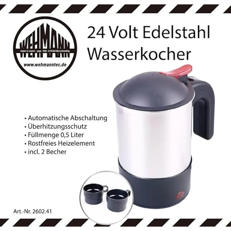 Wehmann Reise-Wasserkocher Wasserkocher 24 Volt für LKW, Edelstahl Babykostwärmer 24V, 0.5 l, 250,00 W, Edelstahlgehäuse – Bild 3