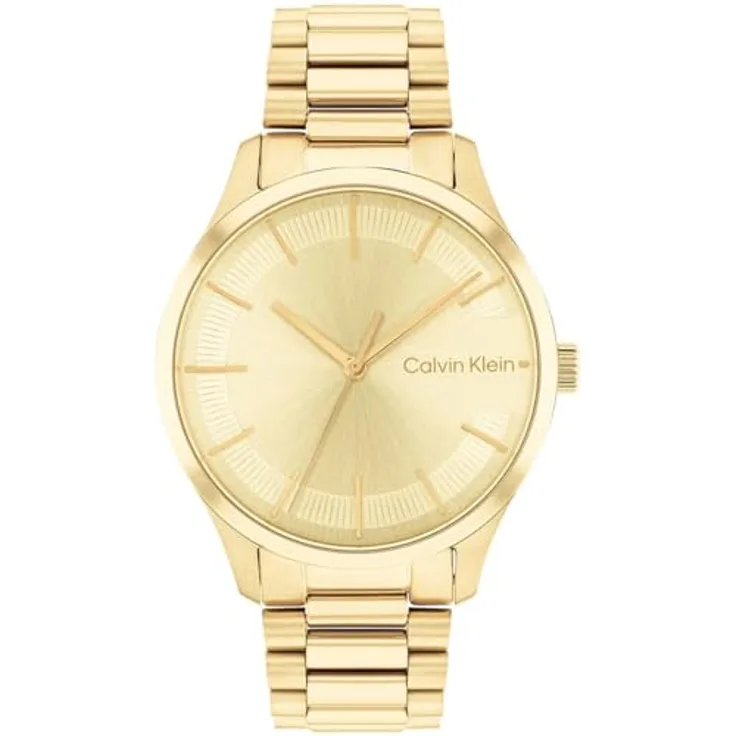 Calvin Klein Analog Quarzuhr Unisex mit Gelbgoldfarbenes Edelstahlarmband - 25200043, Quarz-Uhrwerk mit Sonnenstrahlen-Zifferblatt