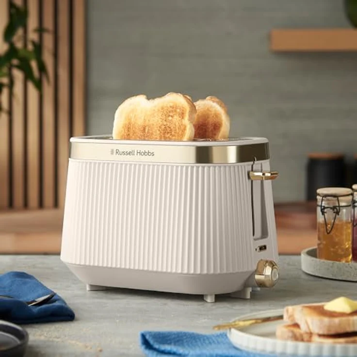 Russell Hobbs Brontë Stone Toaster, für 2 Scheiben mit 6 Bräunungsstufen, Mattes Finish, Goldakzente, Lift & Look, Auftaufunktion, Aufwärmfunktion, Brötchenaufsatz, 26761-56 – Bild 2