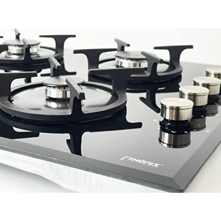 Phönix PG-604ST Gaskochfeld 4 flammig Glas Gaskocher Einbauherd + Gasschlauch-Regler-Set + WOK-Aufsatz + Herdkreuz – Bild 5