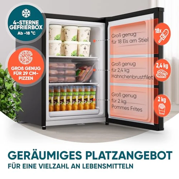 Stillstern Mini Gefrierschrank (42L), 4-Sterne Tiefkühlschrank -18°C mit Schloss, wechselbarem Türanschlag, Eiswürfelschale, Schwarz – Bild 3