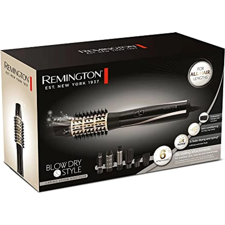 Remington Warmluftbürste [inkl.6 Aufsätze: 25,38,50mm Rundbürste, Stylingdüse, Flachbürste, Haaransatz-Booster] Blow Dry&Style (Locken,Volumen&glatte Styles aller Haarlängen) Ionenpflege,1200W, AS7700 – Bild 5