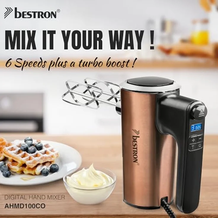 Bestron Power Handmixer AHMD100CO, 400W mit 6 Geschwindigkeitsstufen, Turbo-Funktion & LCD-Display, inkl. 2 Schneebesen & 2 Knethaken, leichtgewichtig, Farbe: Kupfer – Bild 2