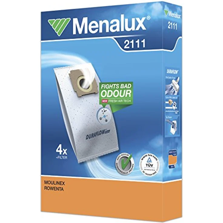 Menalux 2111 Staubsaugerbeutel Synthetik Duraflow, 4 Stück für Moulinex/Rowenta mit TÜV geprüftem Filter und langer Lebensdauer – Bild 1