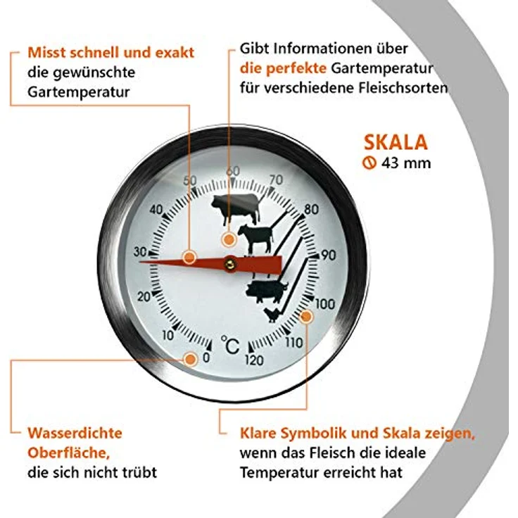 VIOKS Fleischthermometer Backofen 0 bis +120°C - Edelstahl Steak Thermometer 43 mmØ mit Einstechfühler 130 mm - Thermometer Fleisch zur exakten Temperaturmessung verschiedener Fleischsorten – Bild 3