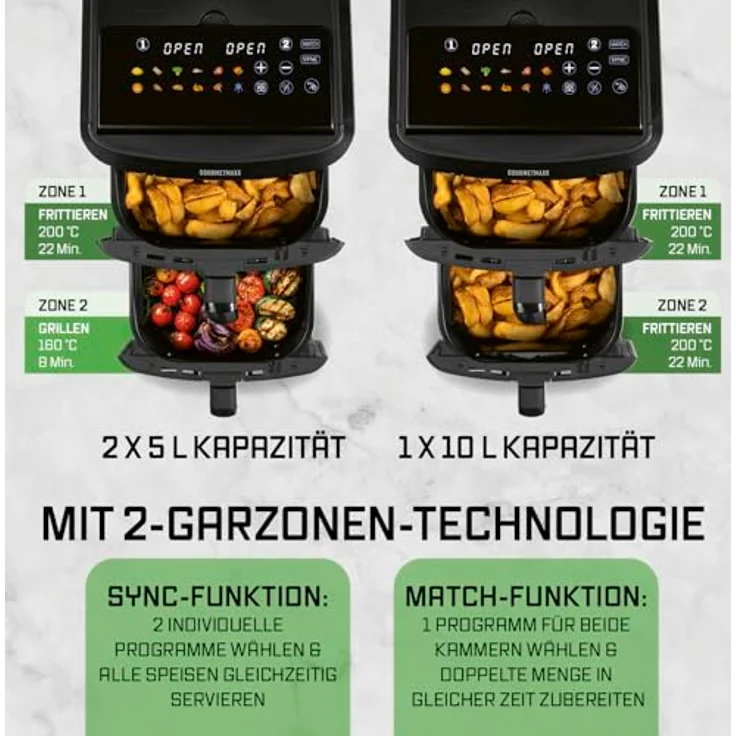 GOURMETmaxx FryUp XL, vertikale Doppelkammer Heißluftfritteuse mit 12 L und Sichtfenster, 2800 W, schwarz, mit 9,6 Zoll Multi-Colour LED-Touchdisplay & 12 Programmen – Bild 6