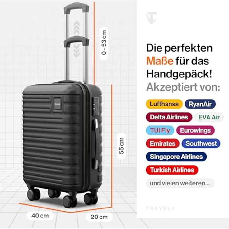 Travely Premium Handgepäck Koffer 55x40x20cm - 4 Rollen, Hartschalenkonstruktion, TSA-Zahlenschloss, 36-Liter Volumen – Bild 3
