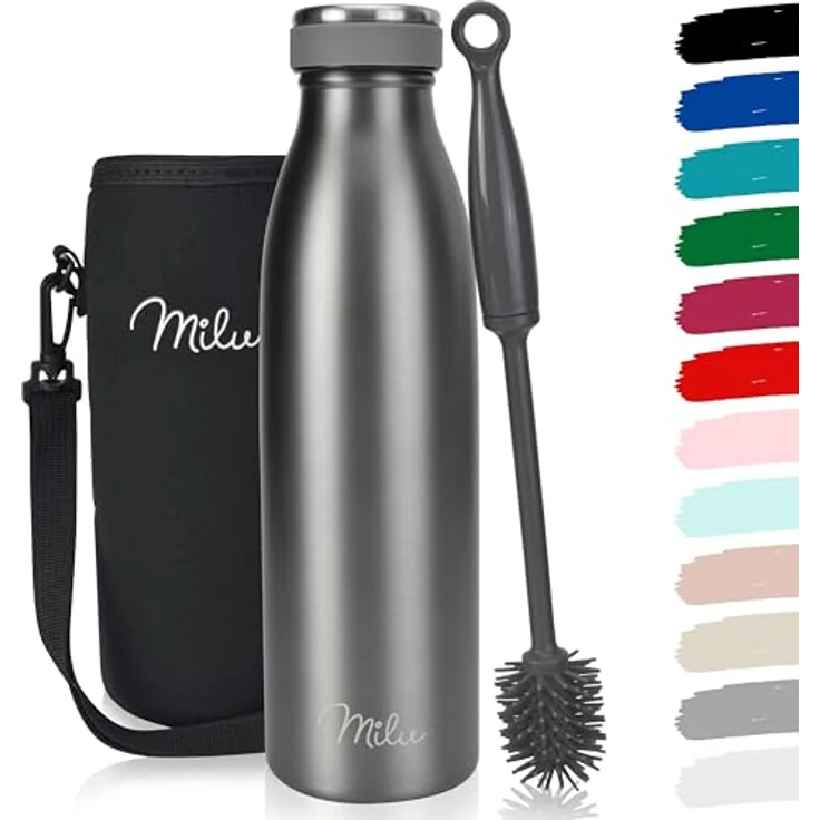 Milu Edelstahl Trinkflasche 500ml, doppelt isolierte Thermosflasche, auslaufsicher und kohlensäuregeeignet, Grau, inkl. Reinigungsbürste – Bild 1
