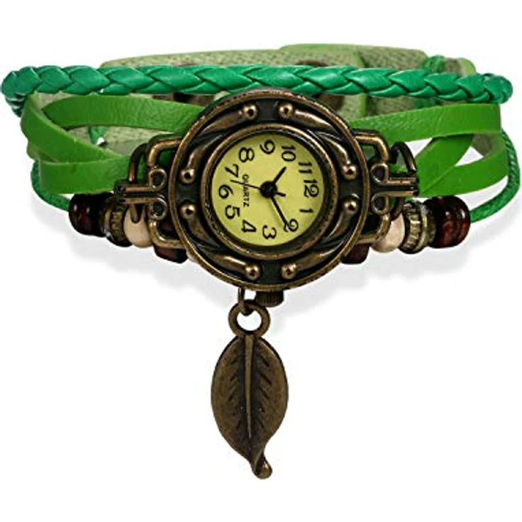JewelryWe Damen Armbanduhr, Retro geflochtenes Lederarmband mit Baum Blatt Anhänger, Grün, Quarzwerk, 8.46" Gesamtlänge – Bild 1