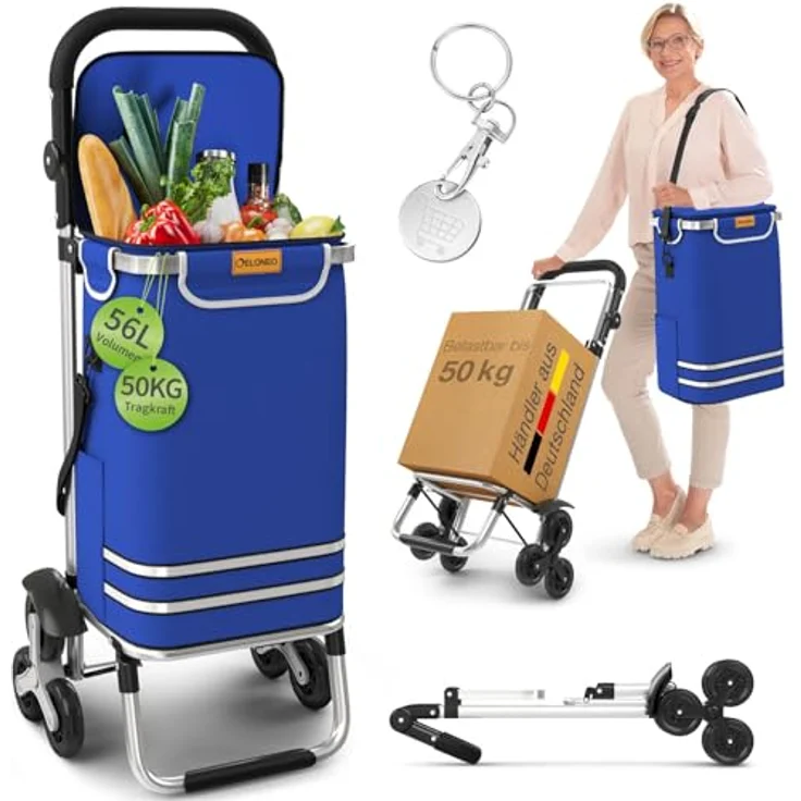 ELONEO Einkaufstrolley Treppensteiger, höhenverstellbar mit Kühlfach und abnehmbarer Tasche 56 L, faltbar, Blau – Bild 1