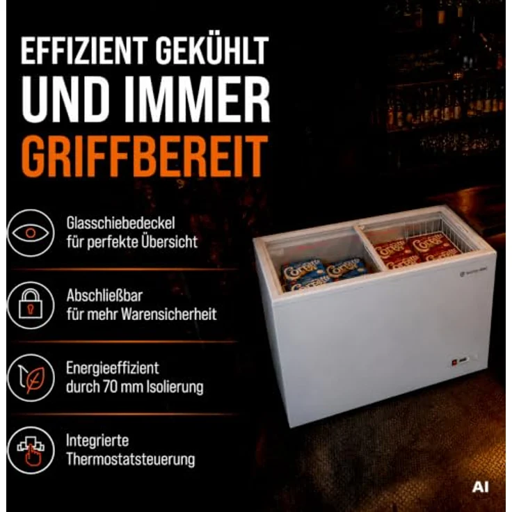 GASTROHERO Tiefkühltruhe ECO 200, 197 Liter Lagerkapazität mit Glasschiebedeckel, abschließbar, statische Kühlung – Bild 3