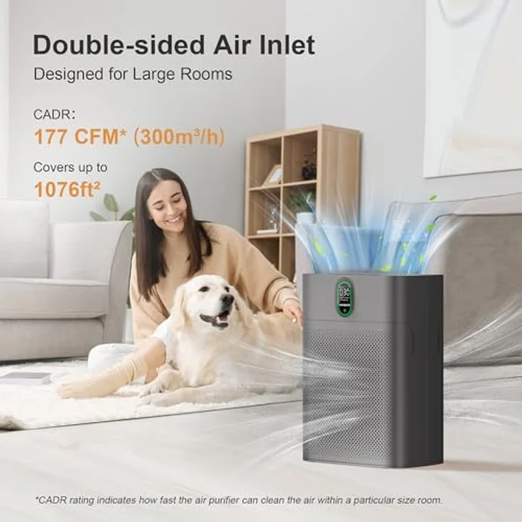 MORENTO Luftreiniger HY4866-WF, CADR 300 m³/h, für bis zu 100 m², WLAN und Alexa kompatibel, PM2.5 Luftqualitätsanzeige, leiser Modus 24 dB, Grau – Bild 4