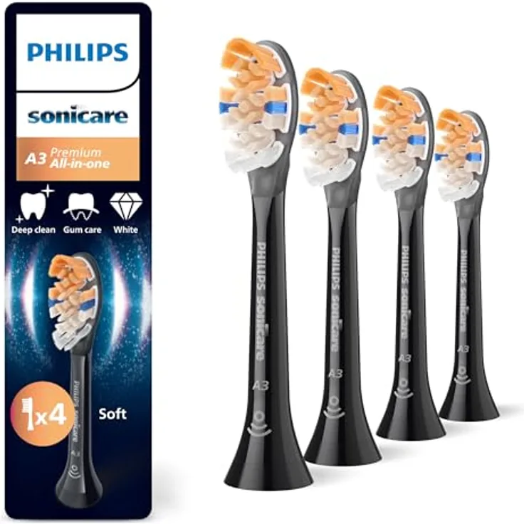Philips Sonicare A3 Premium All-in-One, Original Ersatzbürstenköpfe, Schwarz, 4er-Pack, HX9094/88 - Effektive Plaque-Entfernung und gesünderes Zahnfleisch, Sonicare Technologie, Bio-Material, BrushSync Funktion