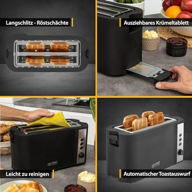 TZS First Austria Toaster | 4 Scheiben Langschlitz | 6 Bräunungsstufen | Auftau- und Aufwärmfunktion | Brötchenwärmer | Krümelschale – Bild 4