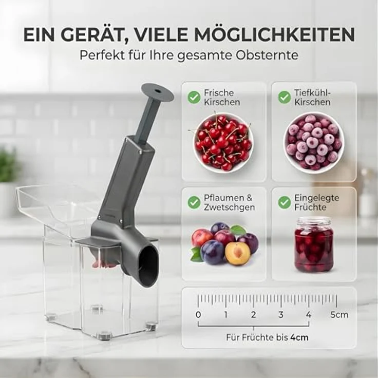 Thiru Premium Kirschentkerner, hohe Entkernleistung für frische, konservierte, tiefgekühlte Kirschen, inkl. Spritzschutz und 25 Rezepte, Made in Germany – Bild 3