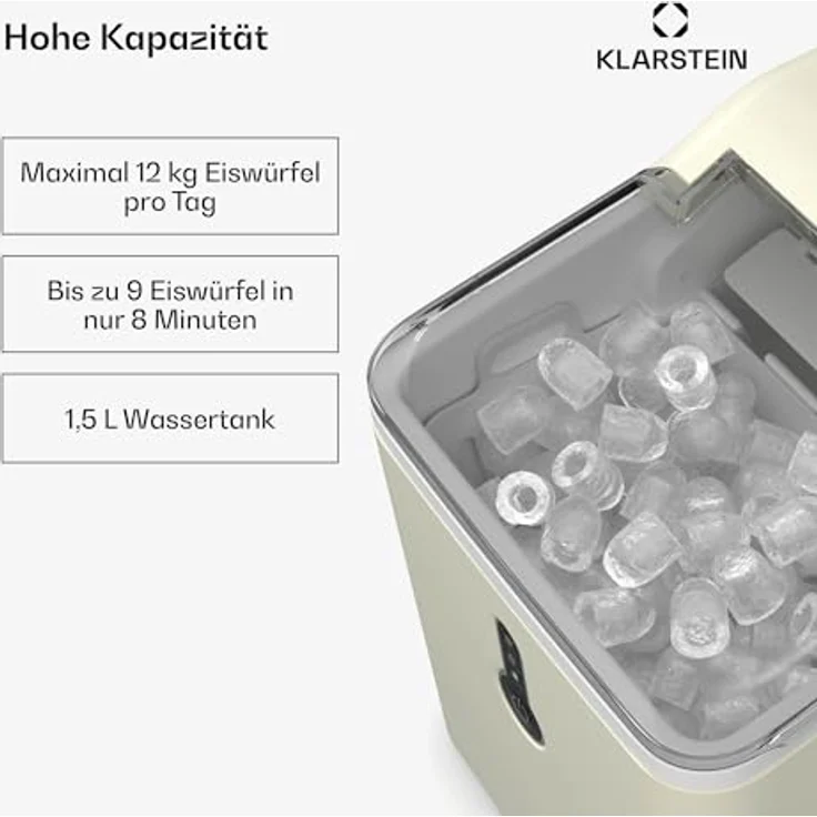 Klarstein Eiswürfelmaschine Klein - 12 kg/24 h, 8 Min Zyklus, 1,5 L Wassertank, LED-Anzeigen, Tragbar, Transparenter Deckel, Inkl. Schaufel - Eiswürfelbereiter für Partys – Bild 2