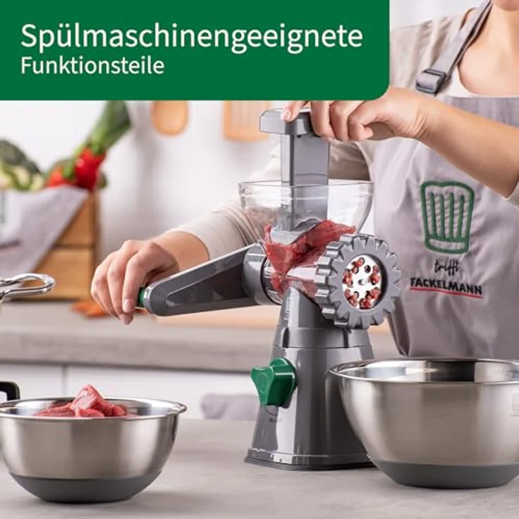 Chefkoch trifft Fackelmann Fleischwolf mit Gebäckvorsatz, 2 Lochscheiben & 6 Formen, robustes ABS-Gehäuse und scharfe Edelstahlklinge – Bild 7