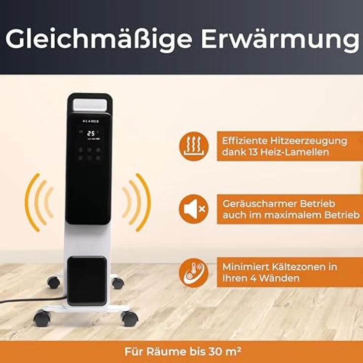 KLAMER Ölradiator 2500 W, Elektroheizung energiesparend, 13 Rippen, 3 Heizstufen mit Eco-Modus, 24h Timer, Thermostat, Überhitzungs- & Kippschutz, mit Fernbedienung, für Innenräume, weiß – Bild 4