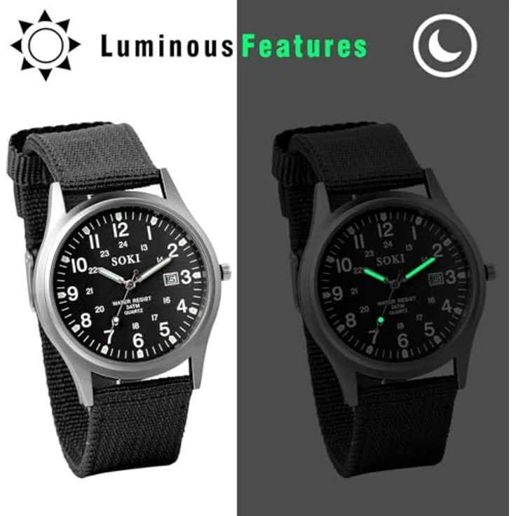 JewelryWe Herrenuhr Leuchtende Militär Uhr, Analog Quarz Armbanduhr mit Kalender, Schwarz, Nylon Textil Armband, 12/24H große Zahlen, Wasserdicht – Bild 4