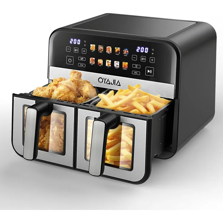oyajia RA930DSV XXL Heißluftfritteuse 9L, 2 Kochkammern, 2600W, Touch Display, Sichtfenster, 8 Automatikprogramme, spülmaschinenfest