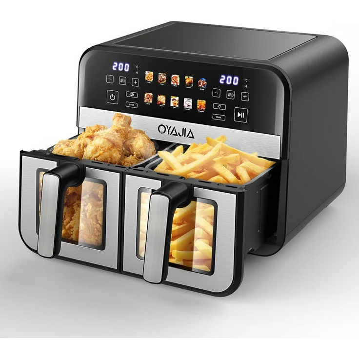 oyajia RA930DSV XXL Heißluftfritteuse 9L, 2 Kochkammern, 2600W, Touch Display, Sichtfenster, 8 Automatikprogramme, spülmaschinenfest