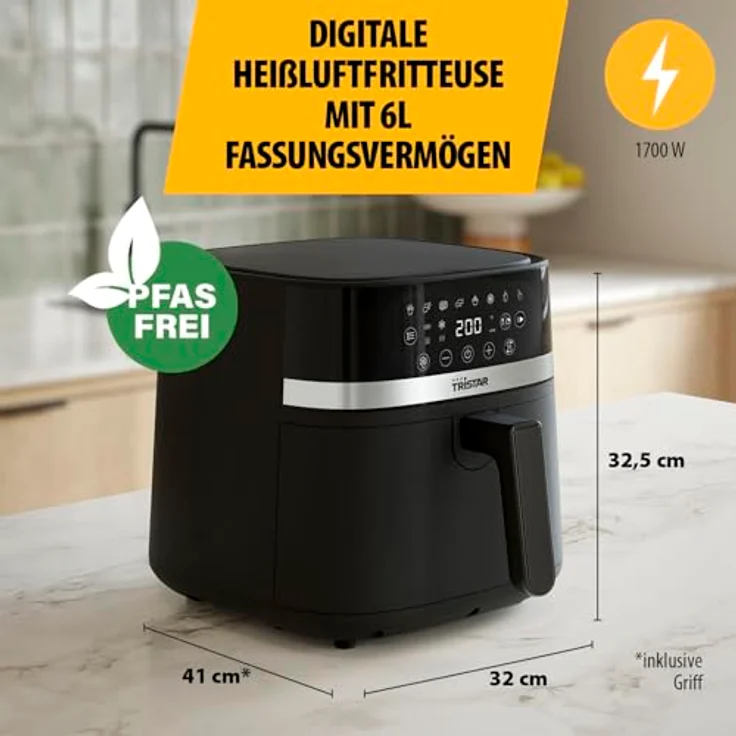 Tristar Digitale Heißluftfritteuse FR-9416, 6L, 8 Programme, LED-Touchscreen, PFAS-frei, automatische Abschaltung, spülmaschinenfest, 1700W – Bild 2