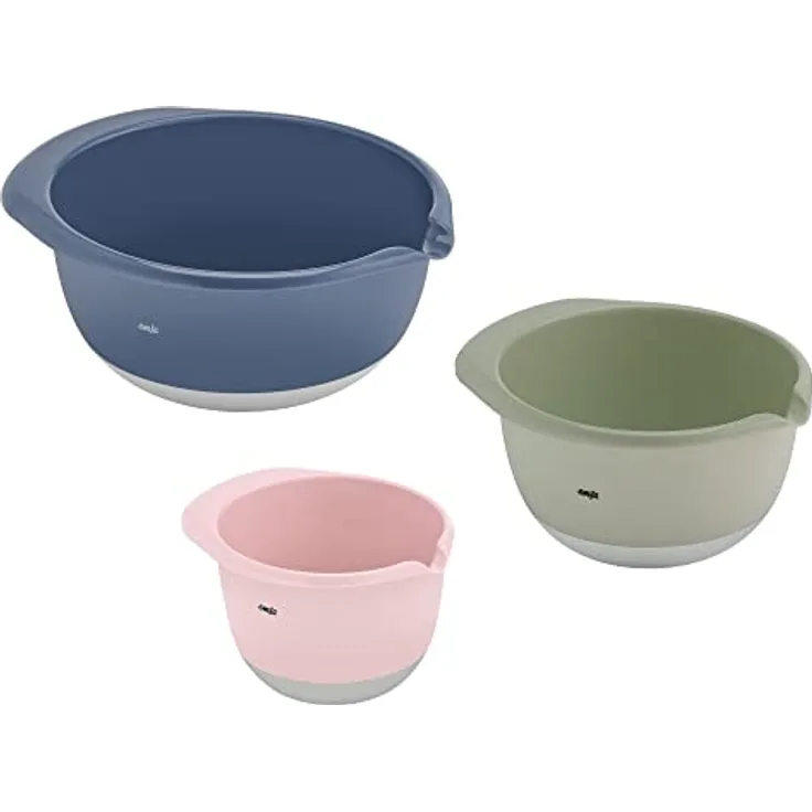 Emsa K324S3 Prep&Bake 3er Set Kunststoff-Rührschüssel | 1,4 + 2,8 + 4,7 L | rutschfester Boden | ideale Stabilität | Ausgießlippe für präzises, sauberes Ausgießen | spülmaschinenfest | Rosa/Grün/Blau