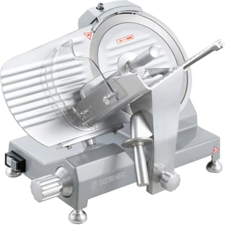 GastroHero Aufschnittmaschine ASM 250 mm, Schrägschneider mit gehärtetem Messer, einstellbare Schnittstärke 0,2-12 mm, max. Schnitthöhe 170 mm