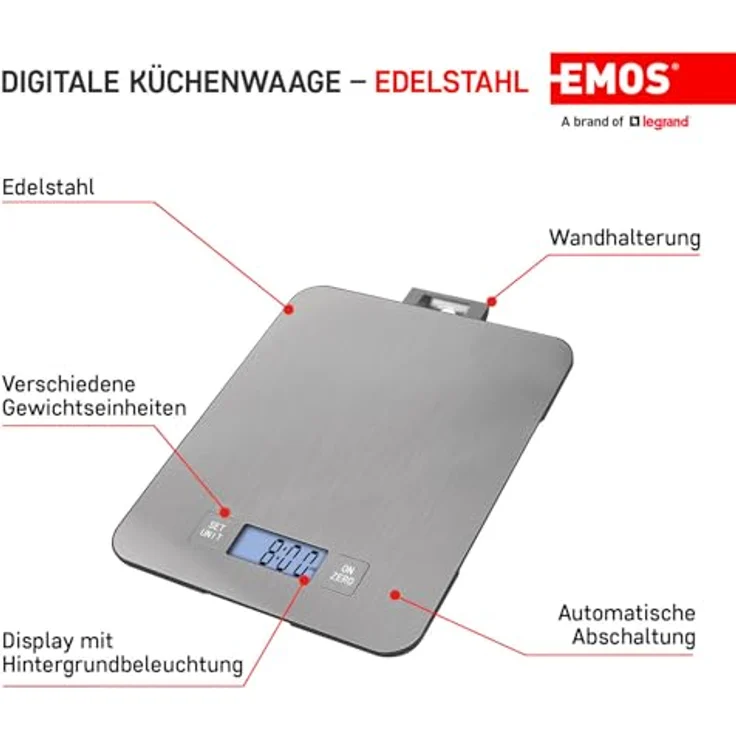 EMOS Küchenwaage aus Edelstahl mit Wandaufhängung-Digitalwaage mit beleuchtetem LCD Display-Tara-Funktion-Nahrungsmittelskala-Elektronische Waage-Präzision bis zu 1g - Tragkraft 15 kg – Bild 4