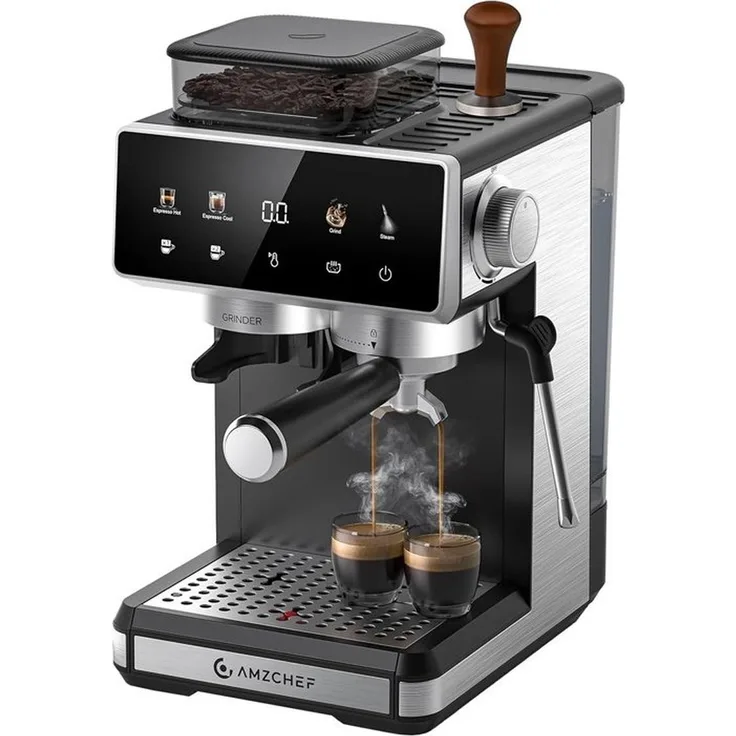 AMZCHEF CE-CM5560-SV Kolben-Kaffeemaschine, Barista-Qualität mit Touch-Display, Edelstahlgehäuse, Silber-Schwarz