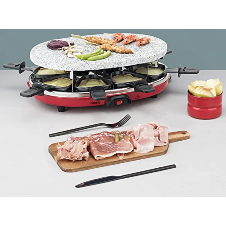 H.Koenig RP412 Raclette-Gerät 4 in 1 - 8 Personen - Raclette, Natursteingrill, Crepe-Platte und Grillplatte - mit 8 Pfännchen - 900 W - schwarz-rot – Bild 9