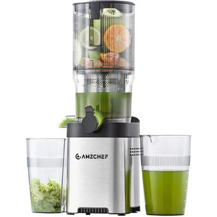 AMZCHEF CE-ZM1902B-SV Slow Juicer, Edelstahl Entsafter mit Slow-Juicing-Technologie und zwei Auffangbehältern