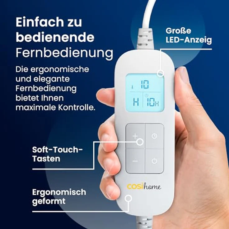 Cosi Home Heizdecke 180x130 cm - Elektrische Wärmedecke mit Abschaltautomatik, Überhitzungsschutz, Waschbar, Kuscheliges Sherpa & Fleece, 10 Heizstufen mit digitaler Fernbedienung - Navy – Bild 4