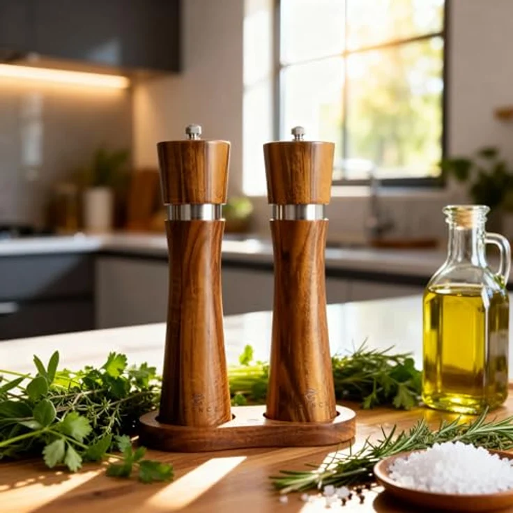 ECENCE Salz-/Pfeffermühle Holz 2er Set aus Akazienholz, Gewürzmühle mit Keramikmahlwerk und Untersetzer – Bild 2