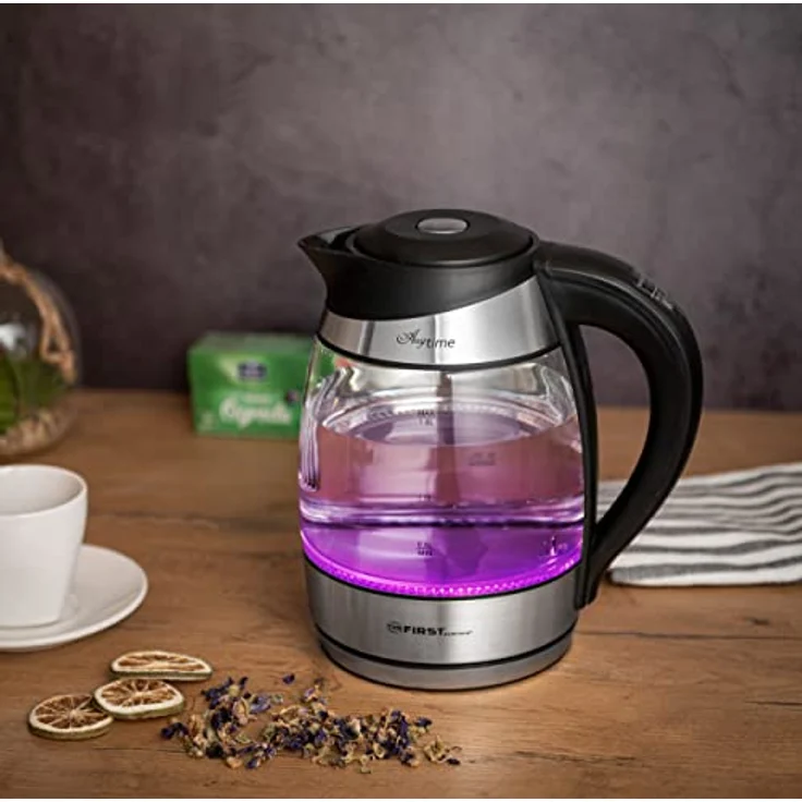 TZS First Austria 5405 Glas-Wasserkocher, 2200 Watt, 1,8 Liter, mit Temperaturwahl, Teefunktion, LED Beleuchtung, silber, schwarz – Bild 4
