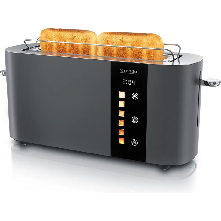 Arendo LEVEL TOUCH 2-Scheiben Langschlitztoaster, Edelstahl, mit Restzeitanzeige, 6 Bräunungsstufen, 1000 W, Brötchenaufsatz, Touch-Bedienung, wärmeisoliert