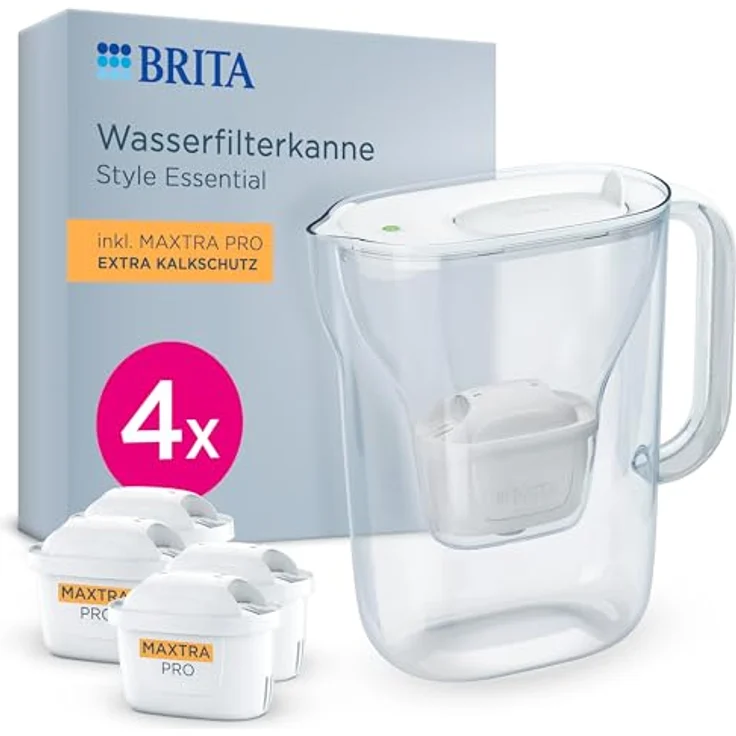 BRITA Wasserfilter Kanne Style Essential, weiß, 2,4l, mit 4x MAXTRA PRO Extra Kalkschutz, Kühlschrankgeeignet, Smart Light LED, Klapp-Deckel, filtert Verunreinigungen – Bild 1