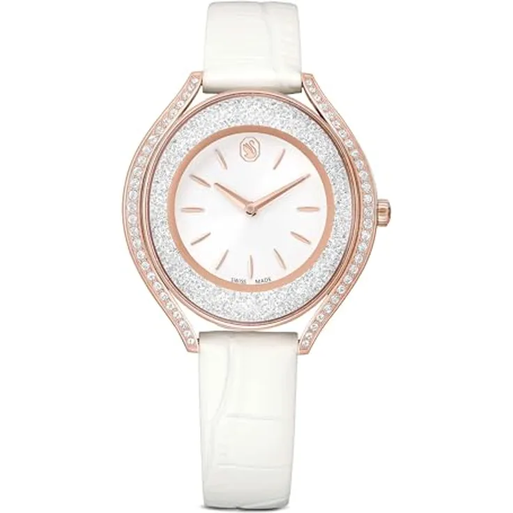 Swarovski Crystalline Aura Uhr, Swiss Made mit weißem Lederarmband und roségoldfarbenem Finish, 38 Kristalle, wasserdicht bis 5 m