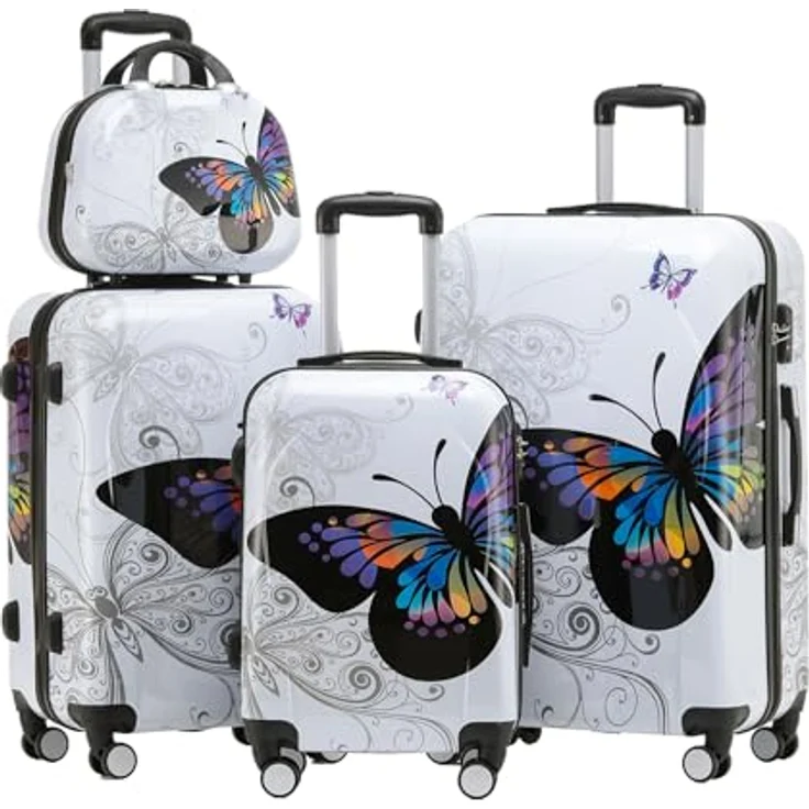 BEIBYE Butterfly 2060, 4-tlg. TSA-Reisekoffer Set, robustes Hartschalen-Kofferset mit Handgepäck und Beautycase, 360° drehbare Rollen, Schwarz – Bild 1