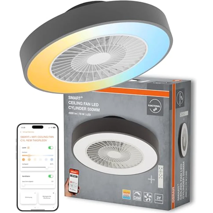 Osram Deckenventilator WiFi mit LED Lampe, dimmbar, 2500 Lumen, Farbtemperatur 3000-6500K, grau, 78W, Fernbedienung und App-Steuerung – Bild 1