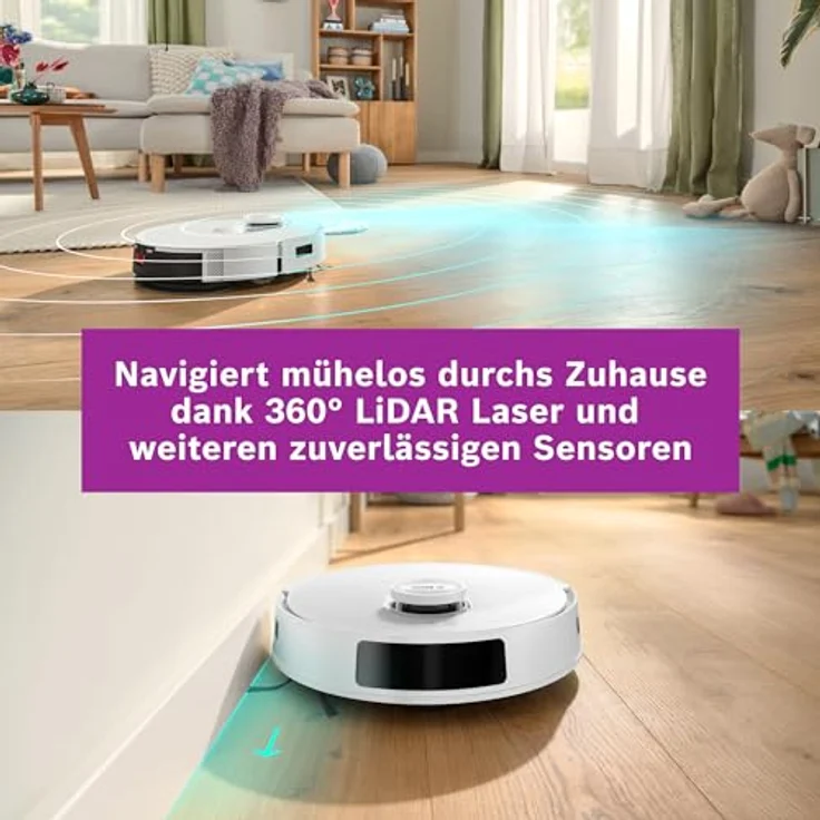 BOSCH Saugroboter Spotless + BCRD1W, Saug- und Wischroboter mit 11.000 Pa Saugkraft, beutellos, Infrarot Navigation, Carbon Bürste, Trocken-Servicestation – Bild 13