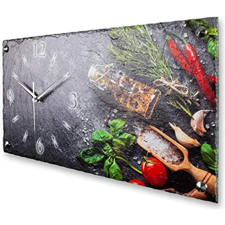 Kreative Feder Designer-WANDUHR Küchen-Kräuter aus Stein mit Zeigern aus gebürstetem Aluminium - Beton Designeruhr mit flüsterleisem Funkuhrwerk, Schiefer-Optik, handmade in Germany – Bild 1