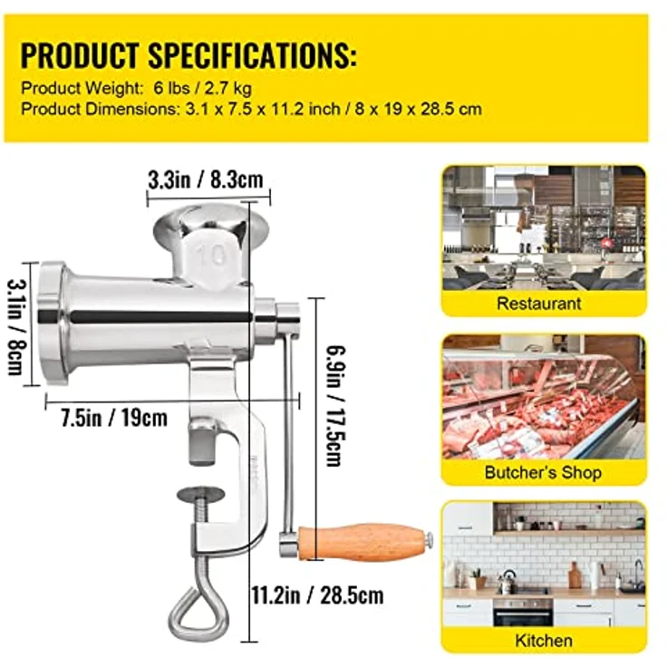 VEVOR manuelle Fleischmühle, Edelstahl 304, handbetriebene Fleischmahlmaschine mit Tischklemme, 2 Schleifplatten, Wurstfüller, ideal für Küche und Restaurant – Bild 3