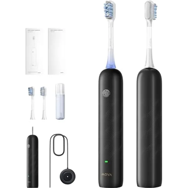 MOVA Fresh Pro 3DClean™ Elektrische Zahnbürste mit App, Schallzahnbürste für Erwachsene, 2 Bürstenköpfe und Reiseetui, 3-in-1-Ersatzbürstenkopf mit Halter, 30 Tage Akkulaufzeit, Schwarz